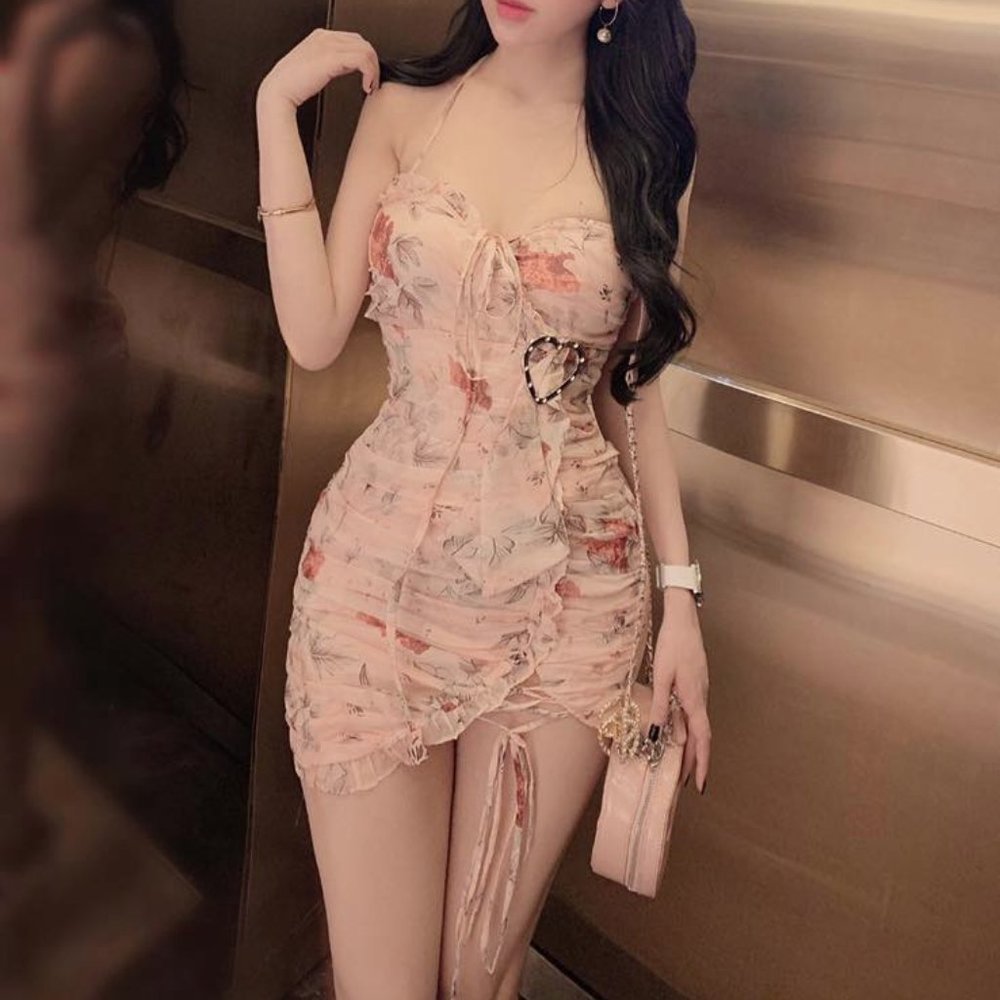 Sexy silk floral fitted ruffle lace up hem mini dress size Small